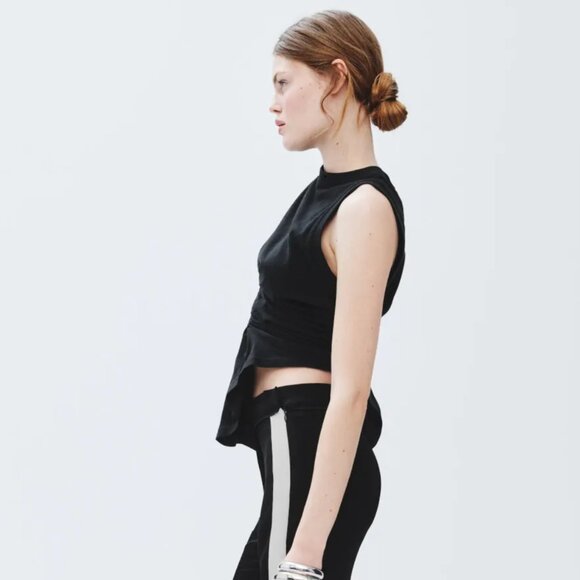 A.W.A.K.E. Mode Knotted Jersey Top Black Asymmetrical Short Sleeve Crop Medium M - Picture 4 of 8